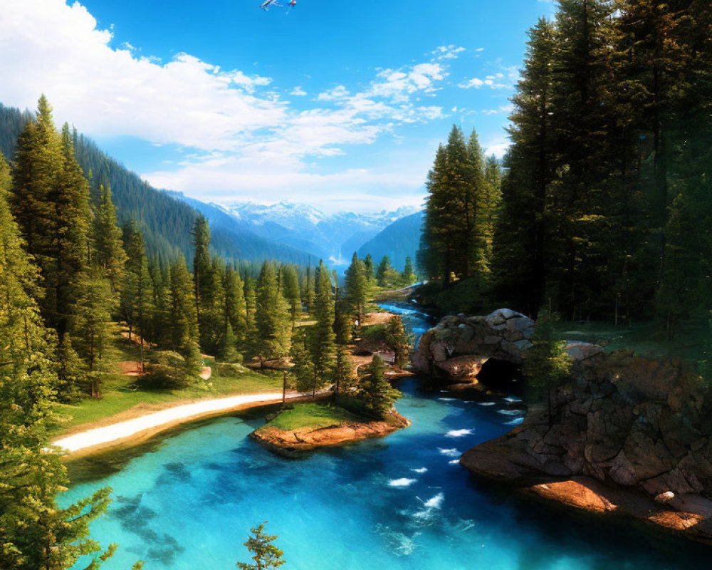 Scenic landscape with turquoise river, forest, bridge, mountains, and airplane