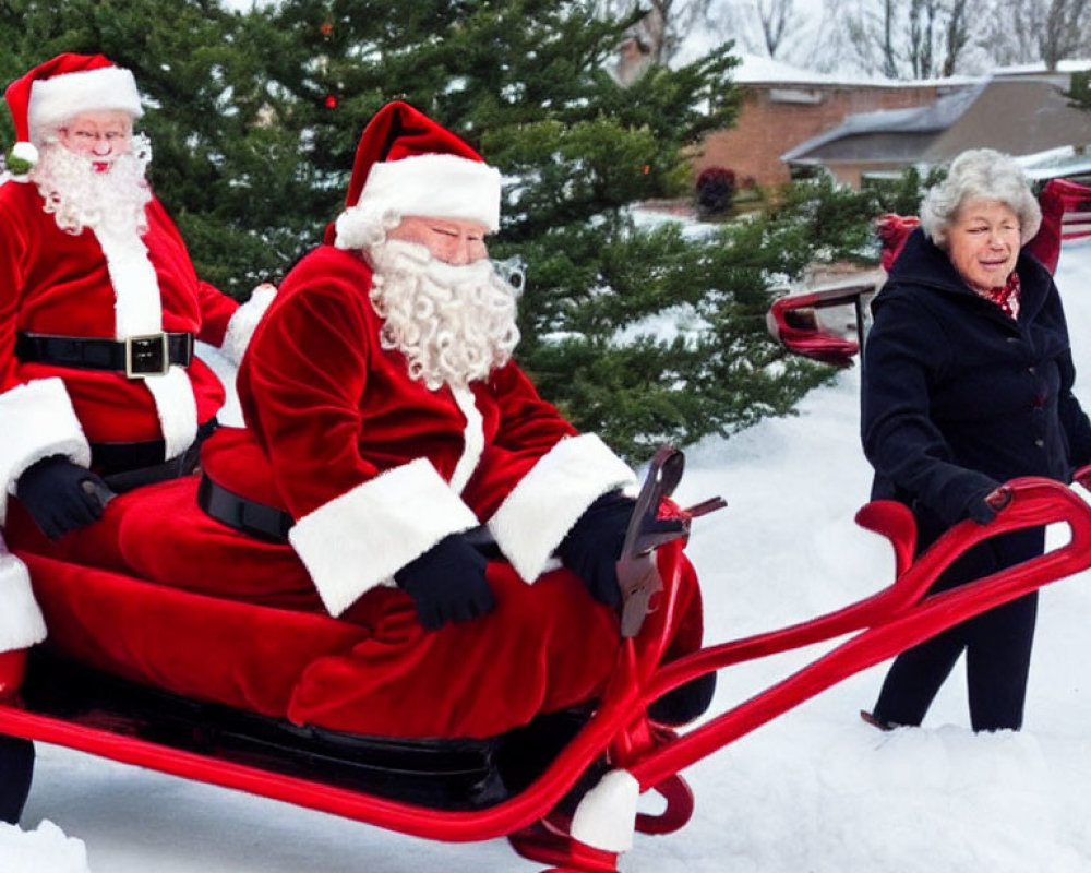 Two Santa Claus Costumes in Red Sleigh with Woman on Snowy Day