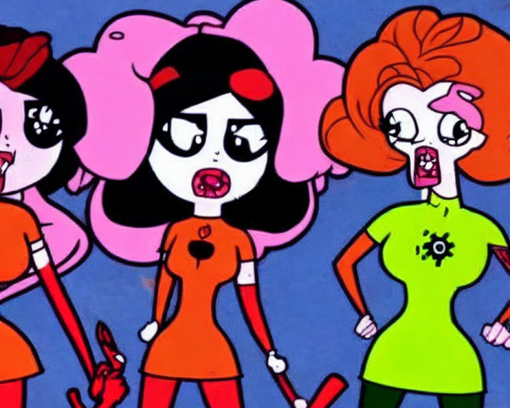 Three animated female figures in pop art style with exaggerated features holding cleaning tools