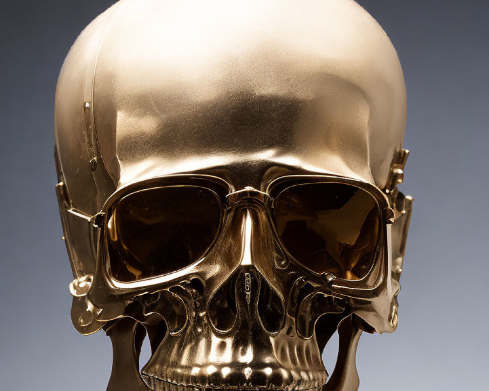 Golden metallic skull with sunglasses on blue background.