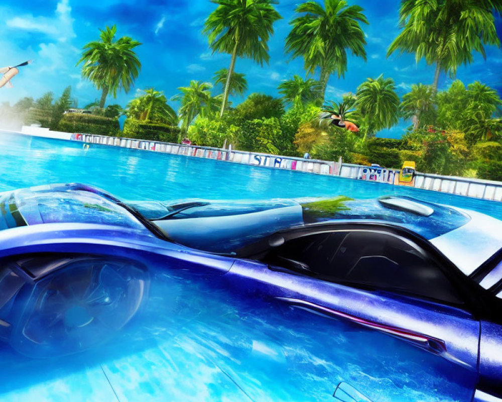 Blue sports car submerged in pool with palm trees and blue sky