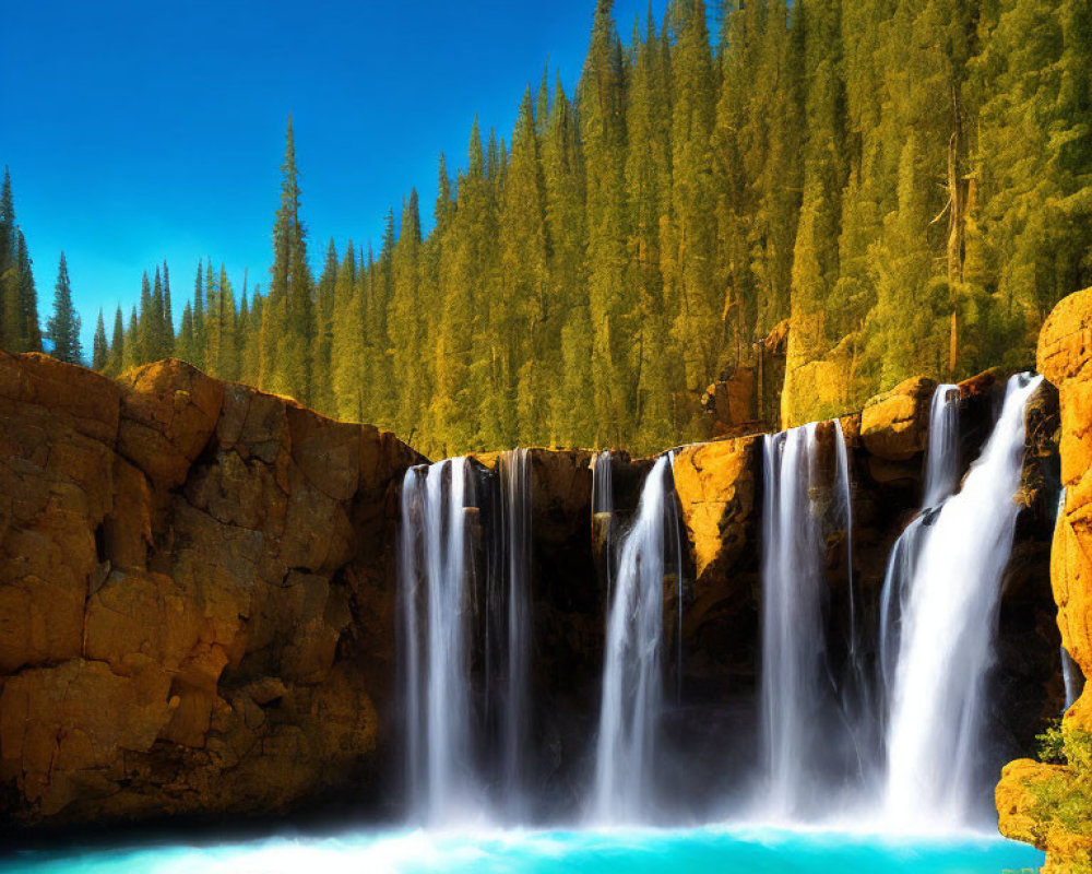 Pine Trees, Waterfall, Turquoise Pool, Rock Formations, Blue Sky