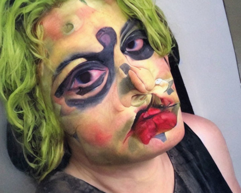 Abstract Picasso-style face paint with multiple eyes and lips, neon green hair