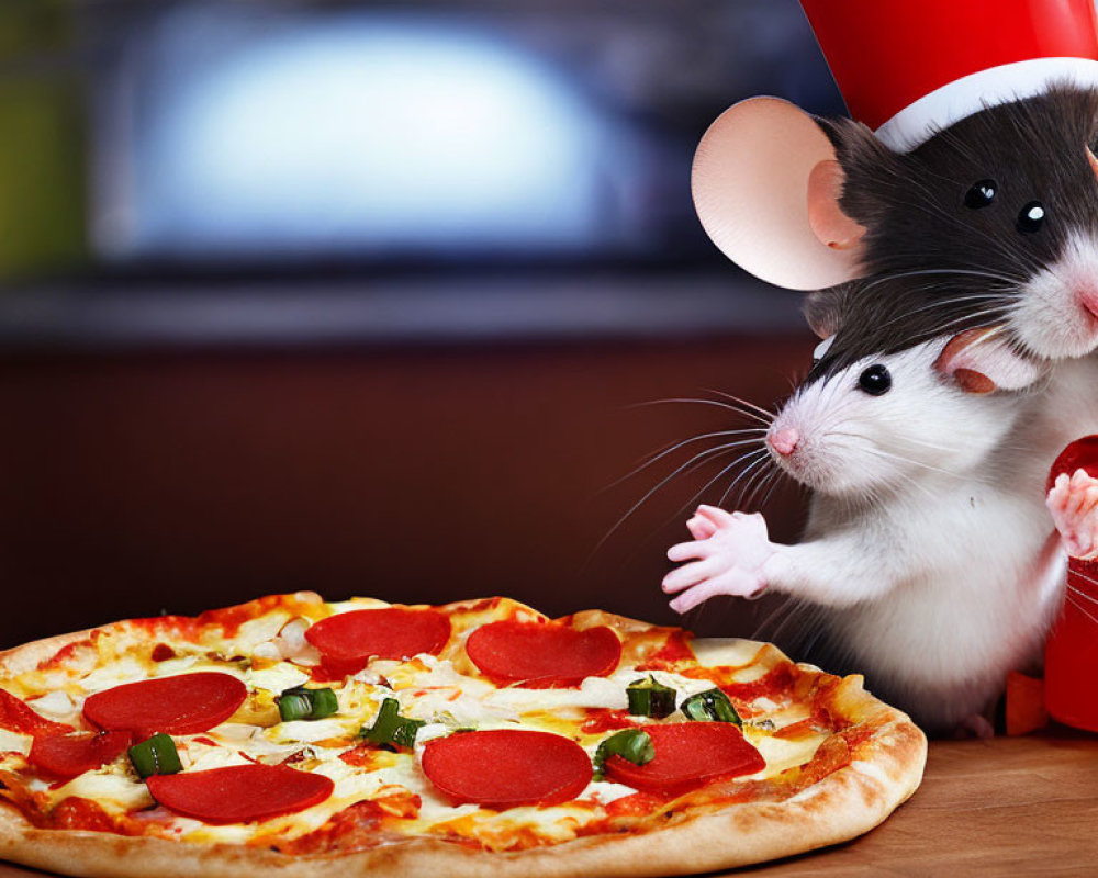 Rat standing near whole pepperoni pizza on soft focus background