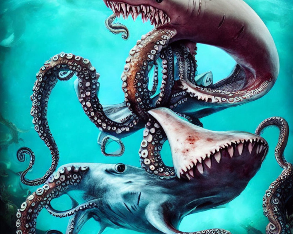 Digital artwork: Giant shark battles octopus in underwater scene