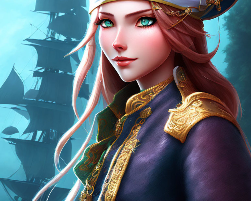 Illustration of female character with white hair and captain's hat on ship backdrop