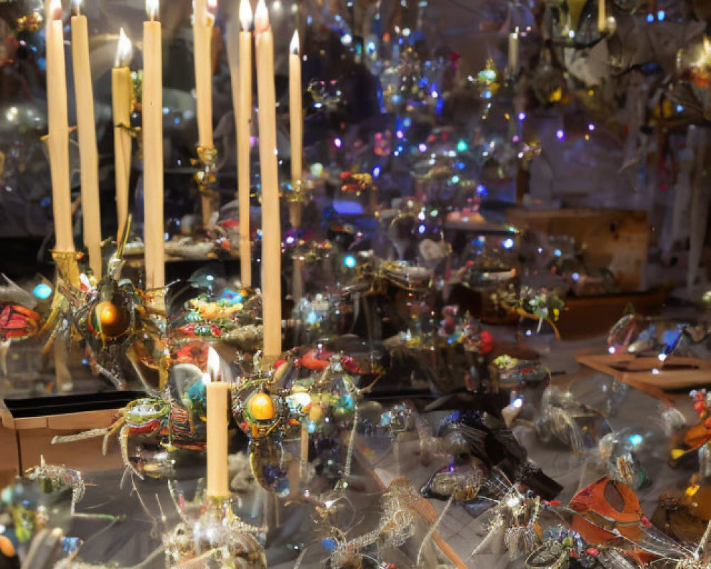 Festive display with lit candles, ornaments, and tinsel, featuring a blurred Christmas tree