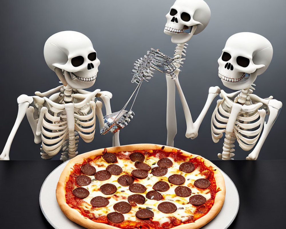 Skeleton Figures Enjoying Pizza Together in Spooky Scene