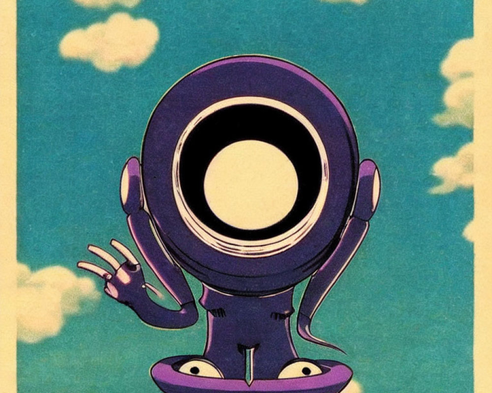 Purple anthropomorphic speaker waving on yellow backdrop with clouds