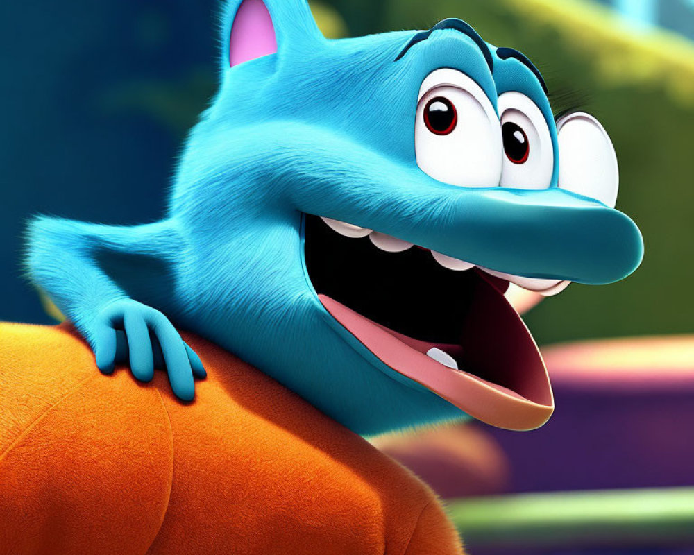 Cheerful blue animated monster with big smile and horns on orange furry surface