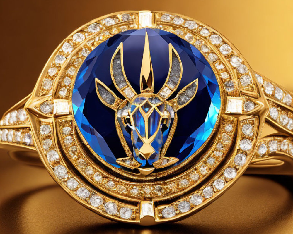 Gold Bracelet with Blue Gemstone, Diamond Outline, and Gazelle Motif