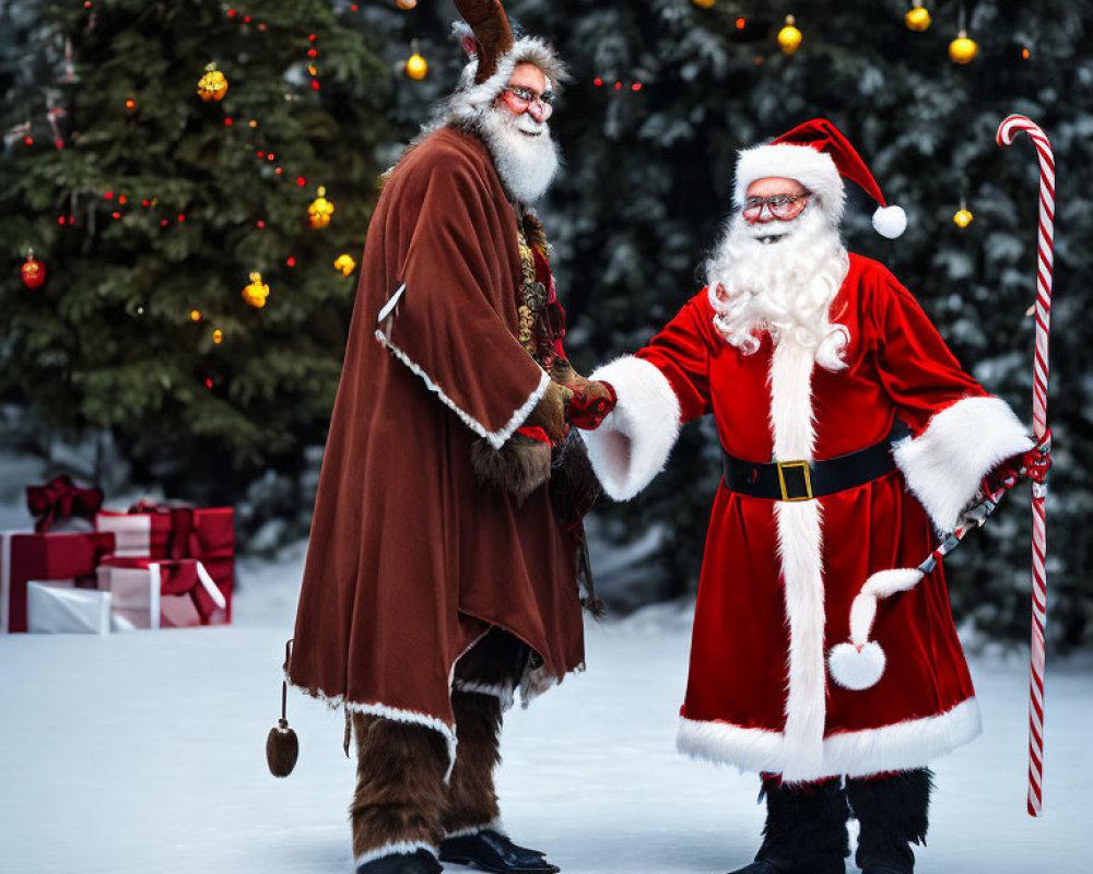 Santa Claus and Krampus in snow with Christmas tree and presents