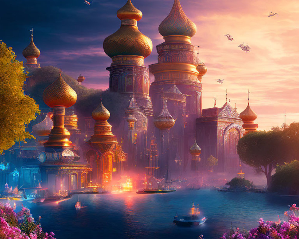 Colorful Fantasy Cityscape with Onion-Domed Buildings by River at Twilight