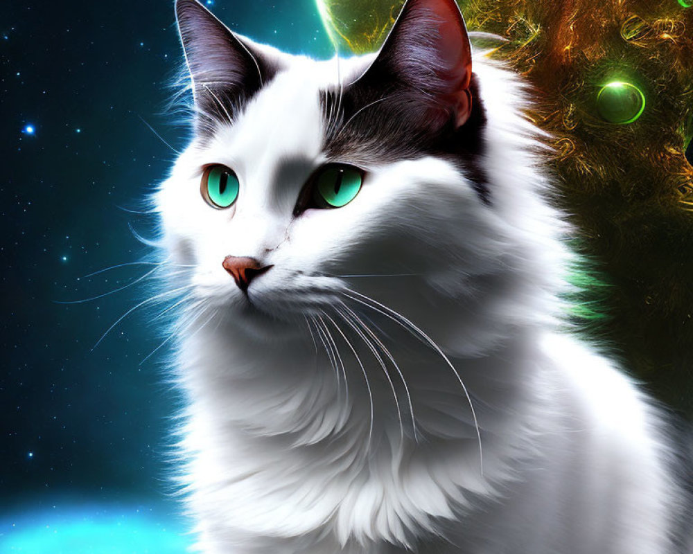 White Cat with Black Ears and Green Eyes in Cosmic Setting