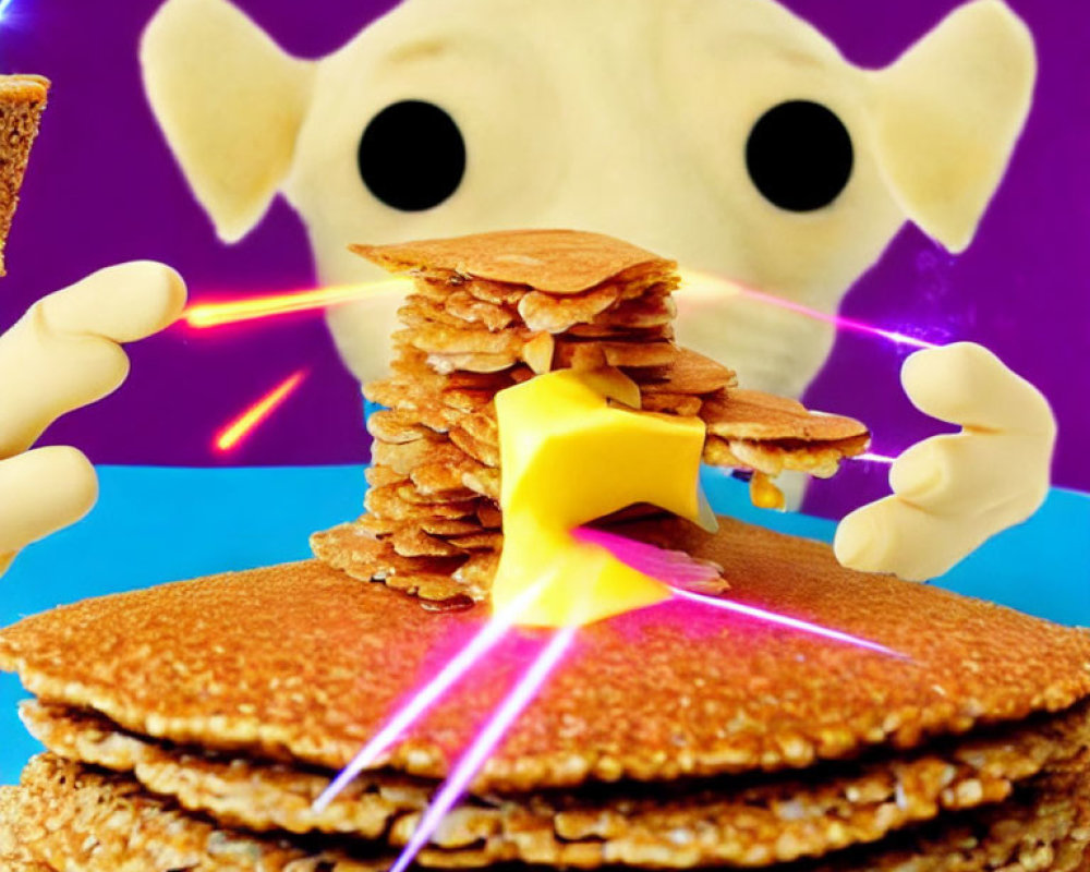 Yellow star-shaped cartoon character stacks pancakes with floating bread slices on purple and blue background