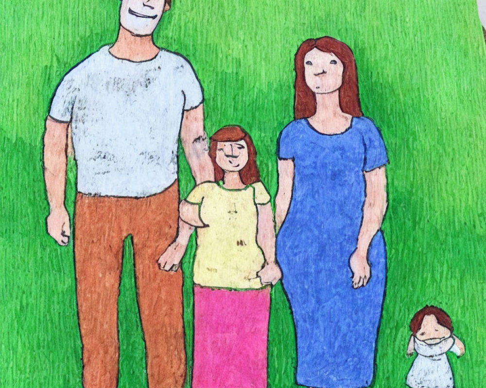 Hand-drawn family of four on green background