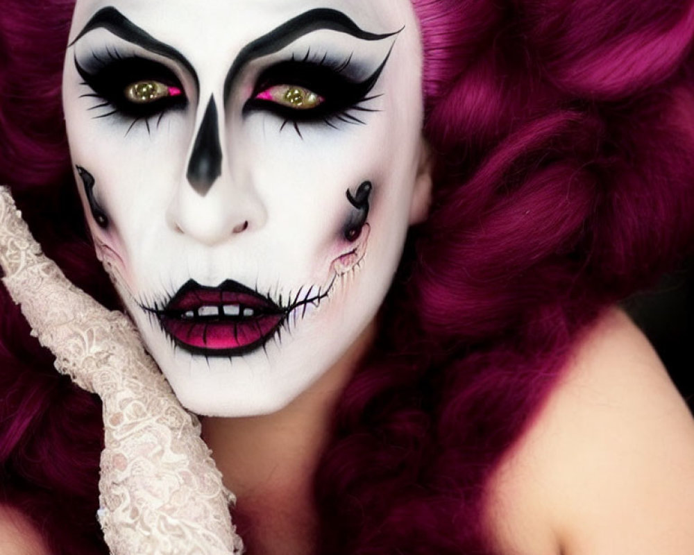 Vibrant purple wig and dramatic skull makeup with intense eyes.