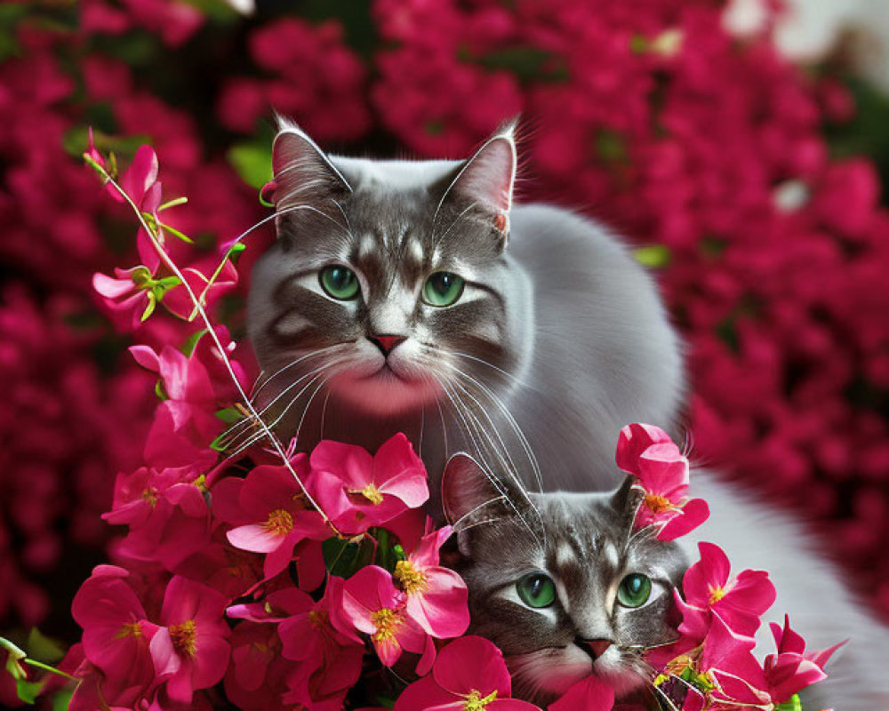 Green-eyed cats amidst pink flowers and vase.