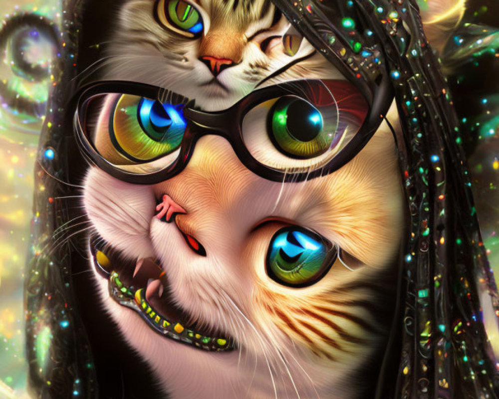 Whimsical image of two cats merged with multi-colored eyes and glasses