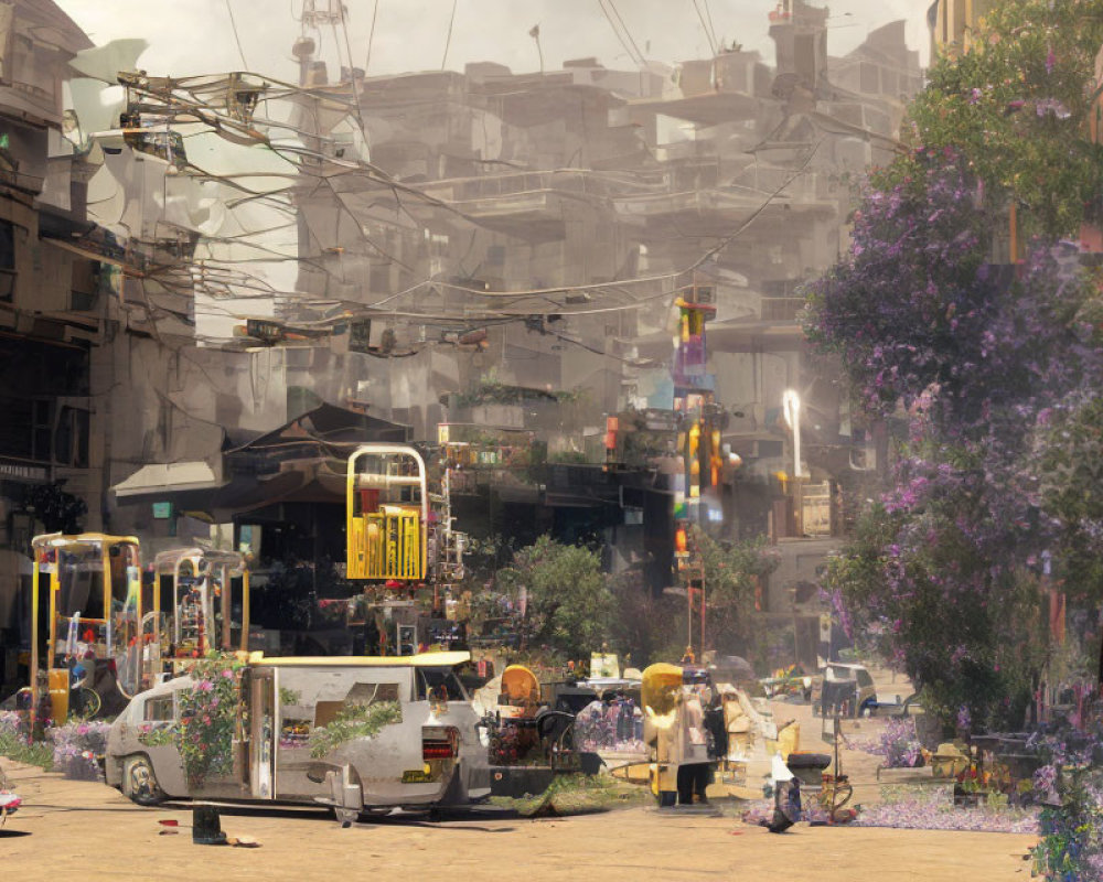 Urban street scene with vehicles, cables, blossoms in post-apocalyptic setting