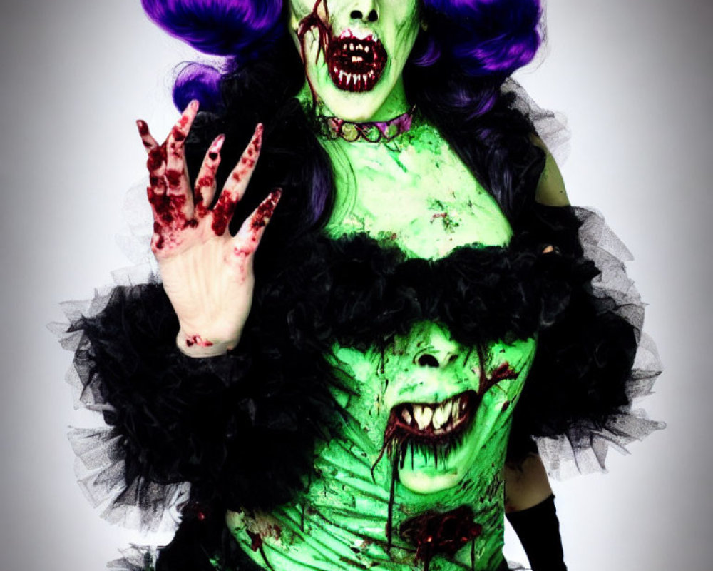 Spooky zombie makeup with green skin and purple hair in two buns