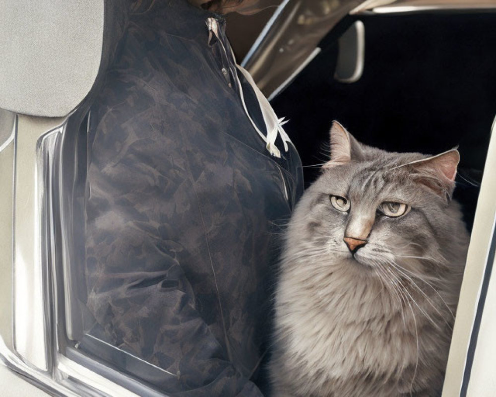 Woman and grey cat in car: woman looking at camera, cat facing forward