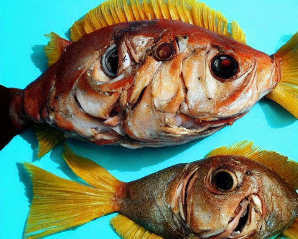 Two reddish-brown fish with yellow fins on turquoise surface