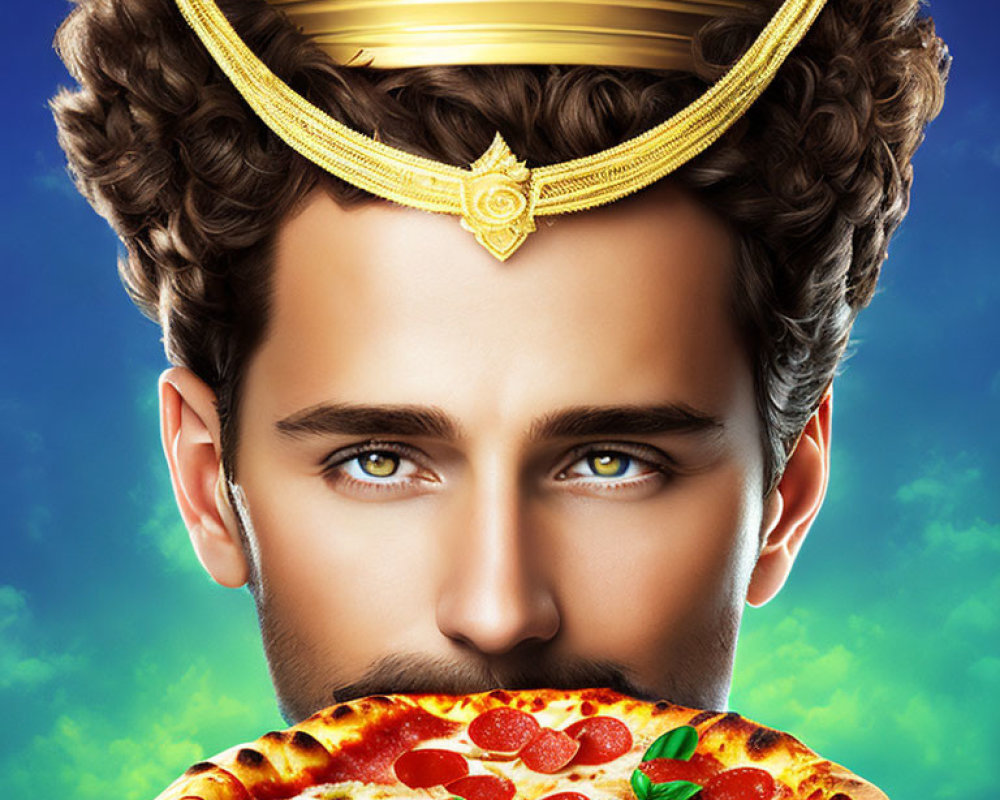 Man with Crown on Pepperoni Pizza on Blue Background - Unique Blend of Royalty and Casual Dining