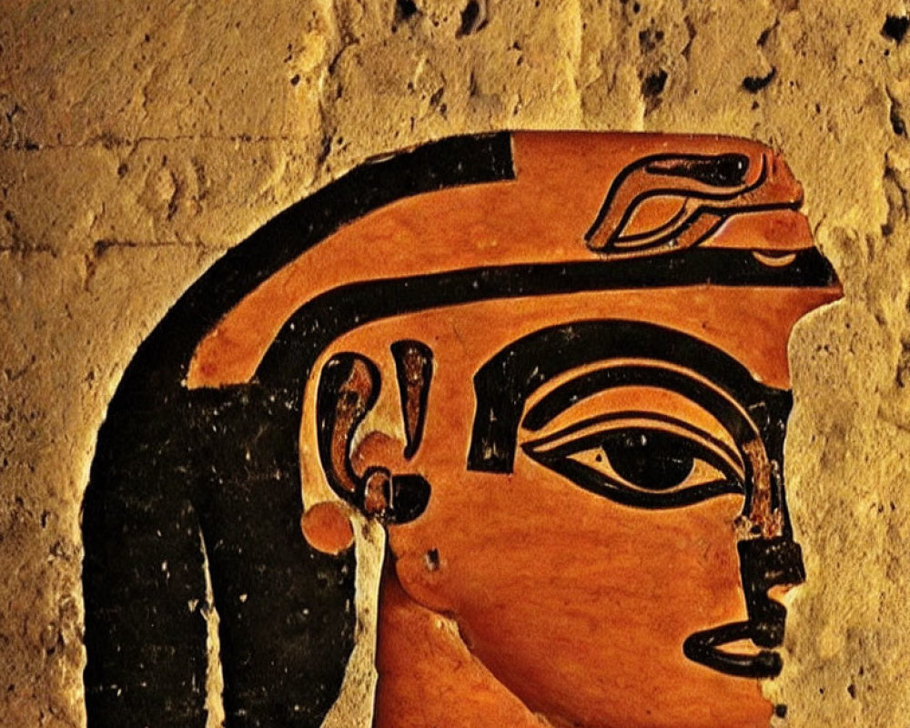 Profile view of person with traditional headdress in Ancient Egyptian wall painting