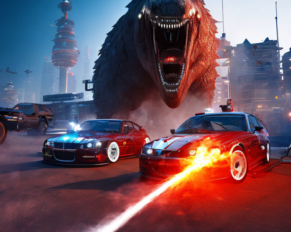 Monstrous creature behind racing cars in neon-lit cityscape