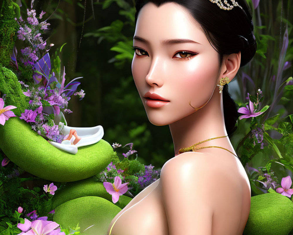 3D-rendered woman with serene expression among pink flowers and snake