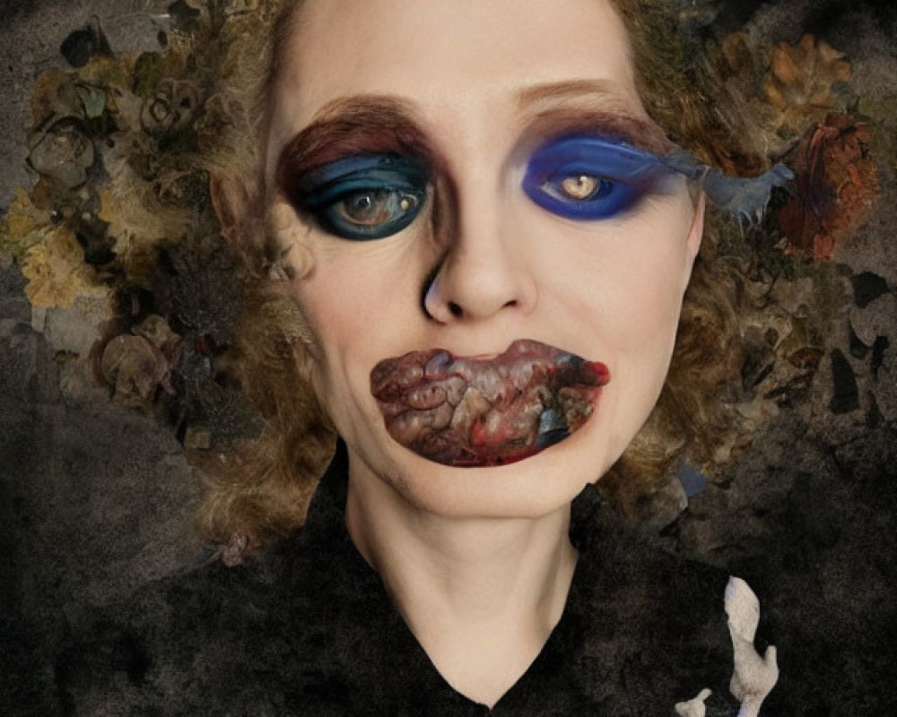 Artistic makeup featuring decay theme, blue eyeshadow, butterflies, and dark backdrop.