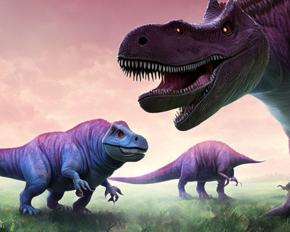 Colorful Dinosaurs in Prehistoric Landscape with Pink Sky