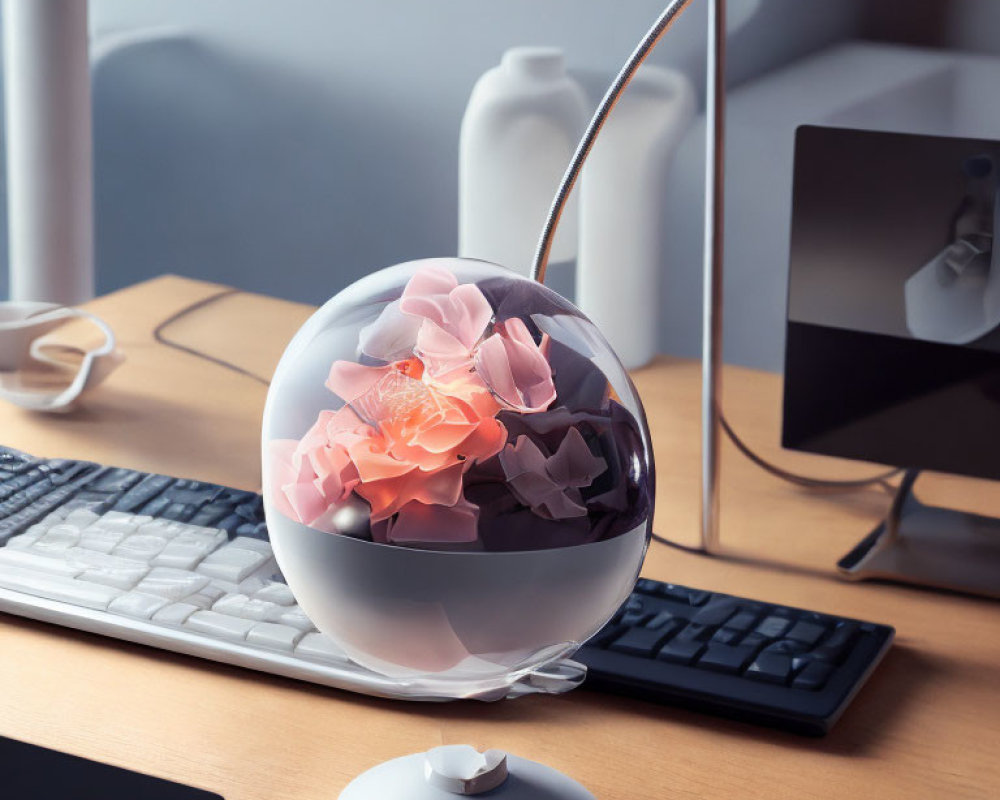 Modern Workspace Setup with Keyboard, Mouse, Lamp, and Art Piece