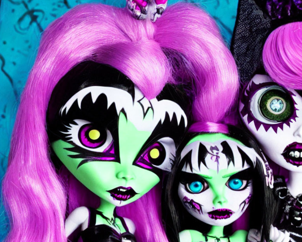 Three colorful Monster High dolls in gothic outfits and makeup on teal background