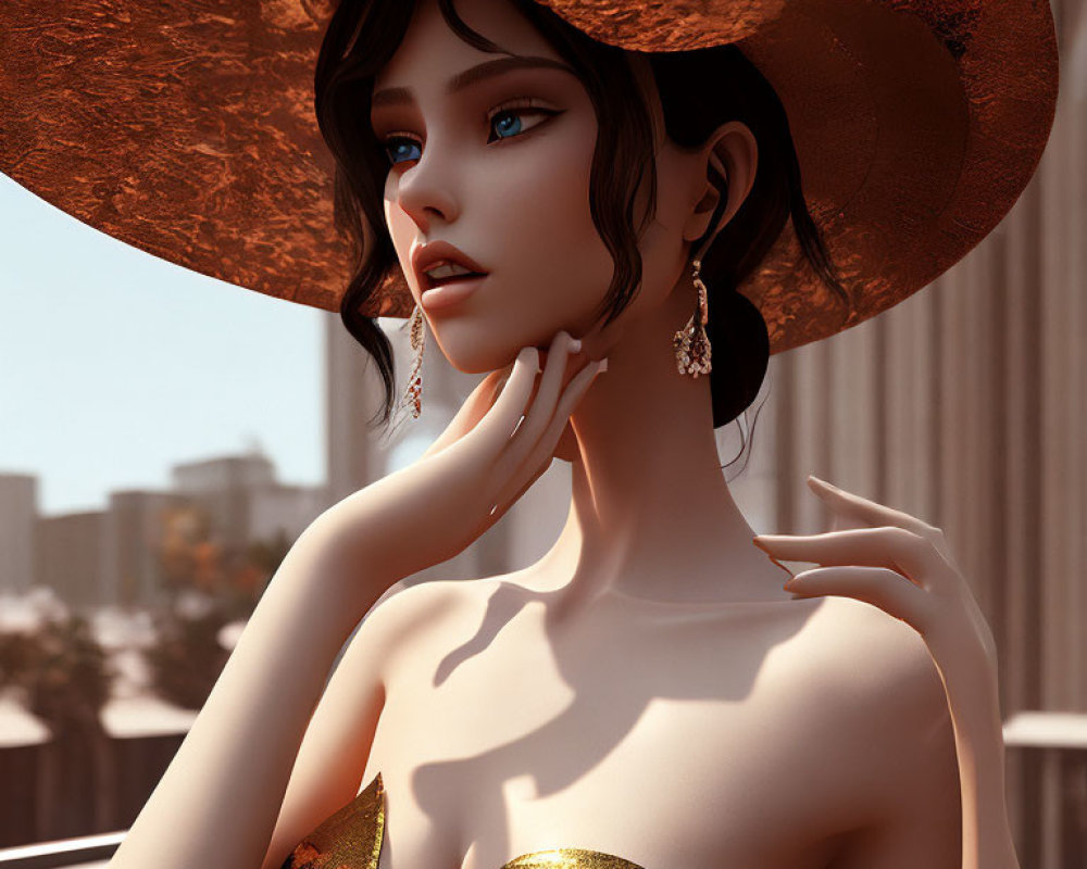 Stylized digital portrait of a woman with blue eyes in wide-brimmed hat and golden dress