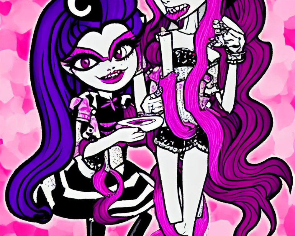 Stylized animated female characters with purple hair in pink outfits against heart-patterned background