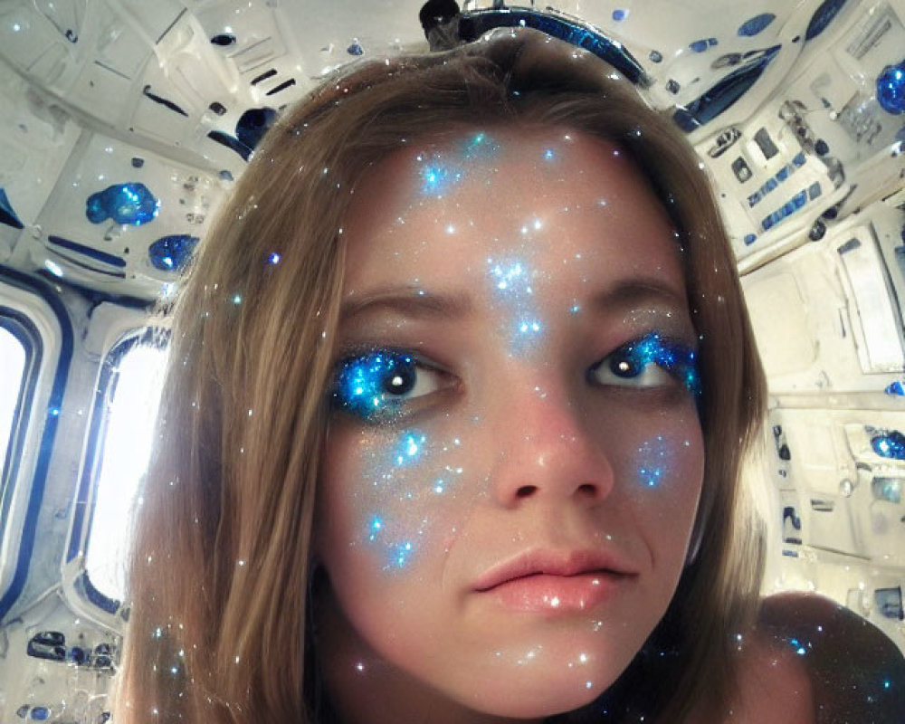 Galaxy-themed makeup in spacecraft with stars and nebulas reflection