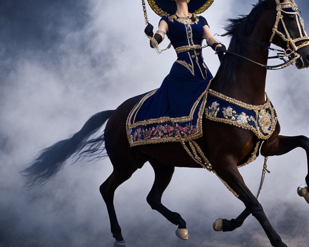 Person in Blue and Gold Costume Riding Dark Horse Amidst Dust Cloud