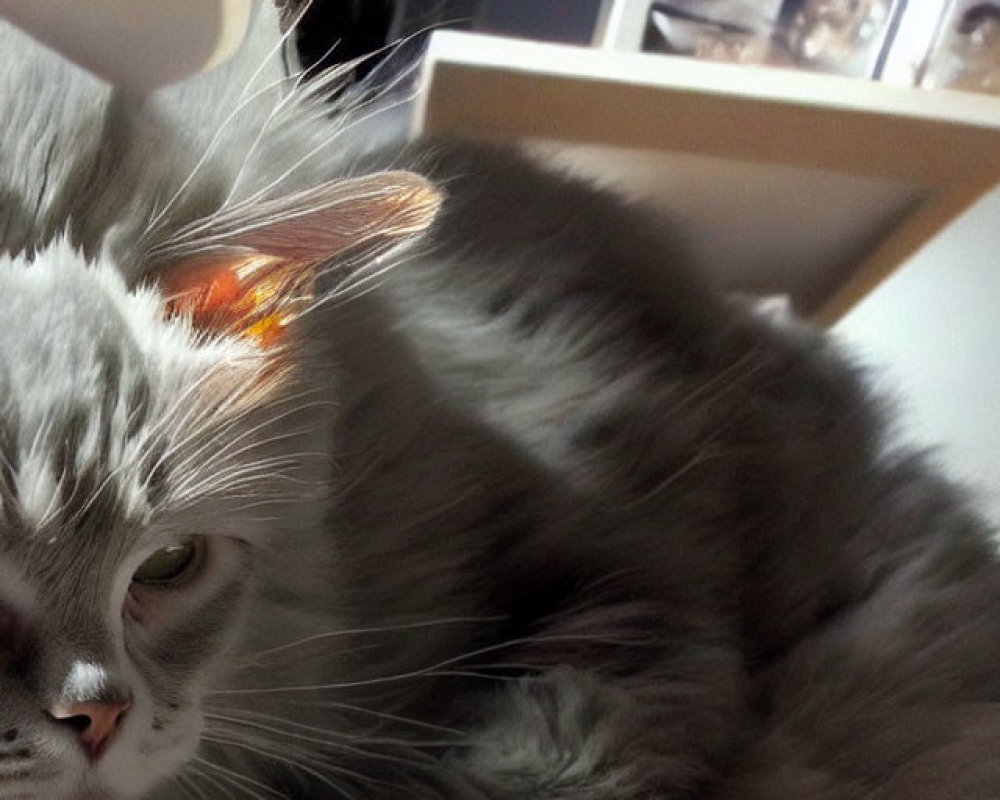 Fluffy gray cat lying down in sunlight and shadow