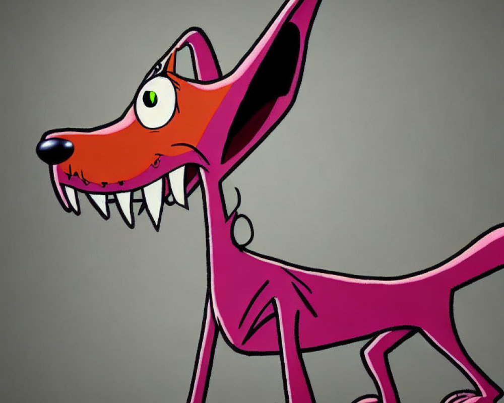 Pink slender dog with large ears and green eye in mischievous cartoon illustration