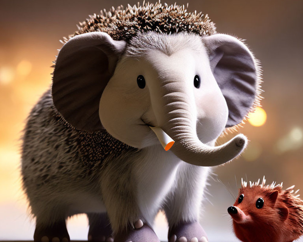 Hybrid animal with elephant head and hedgehog body next to tiny hedgehog