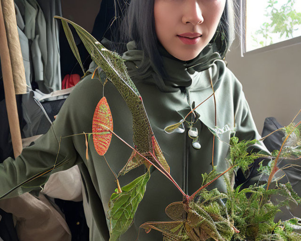 Young woman with long dark hair holding a plant indoors by a window with hanging clothes