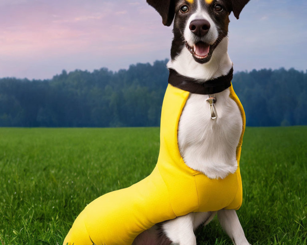 Smiling dog in yellow bodysuit on grass field at twilight