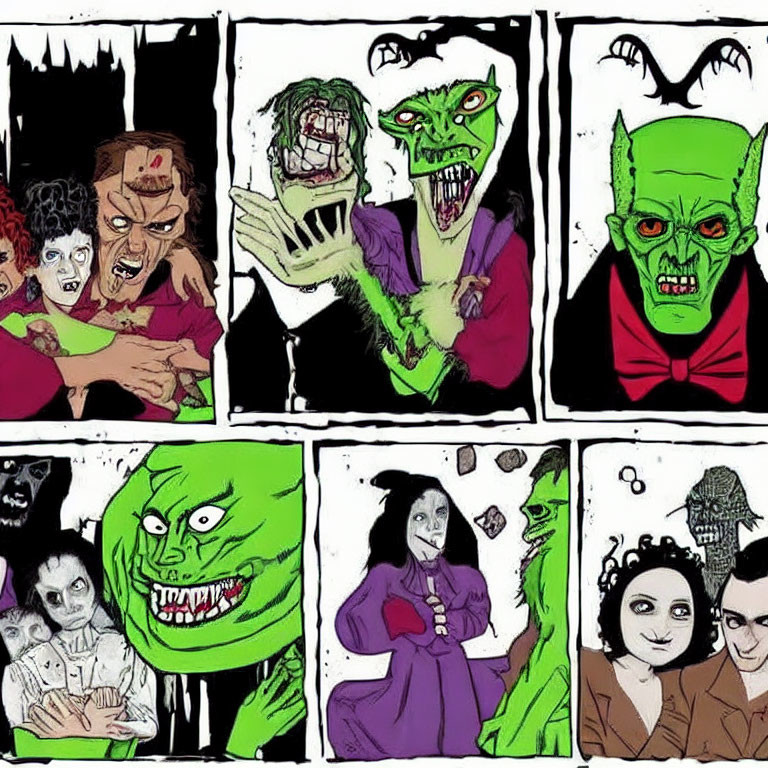 Six-panel comic strip with zombies and monsters in romantic, humorous scenes