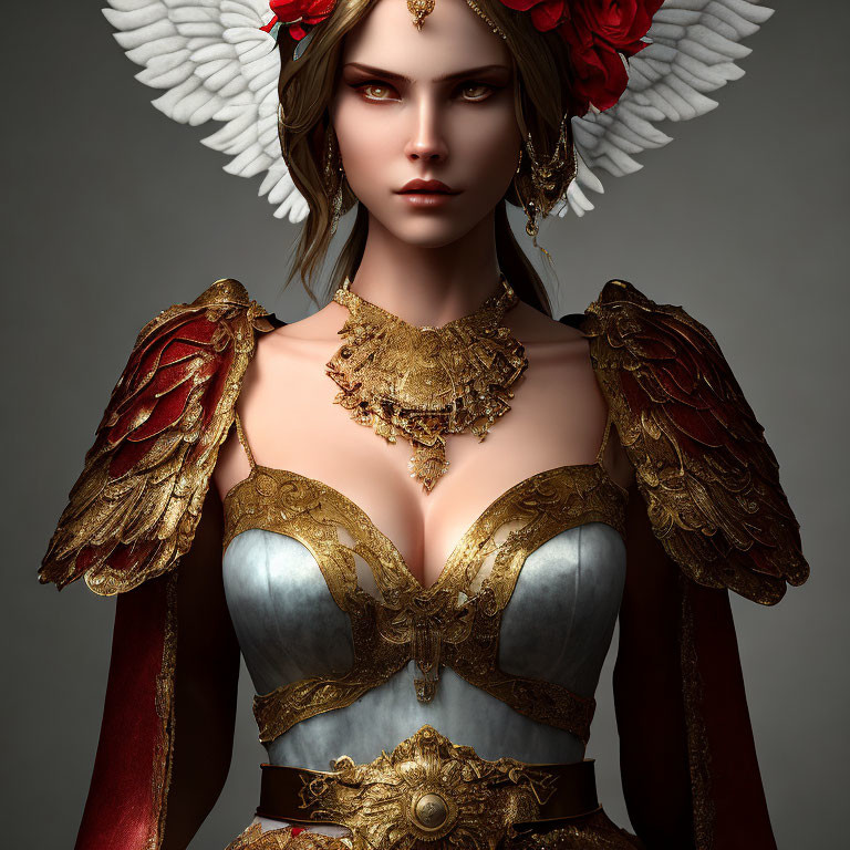 Digital art portrait of woman with angel wings in gold armor and floral details.