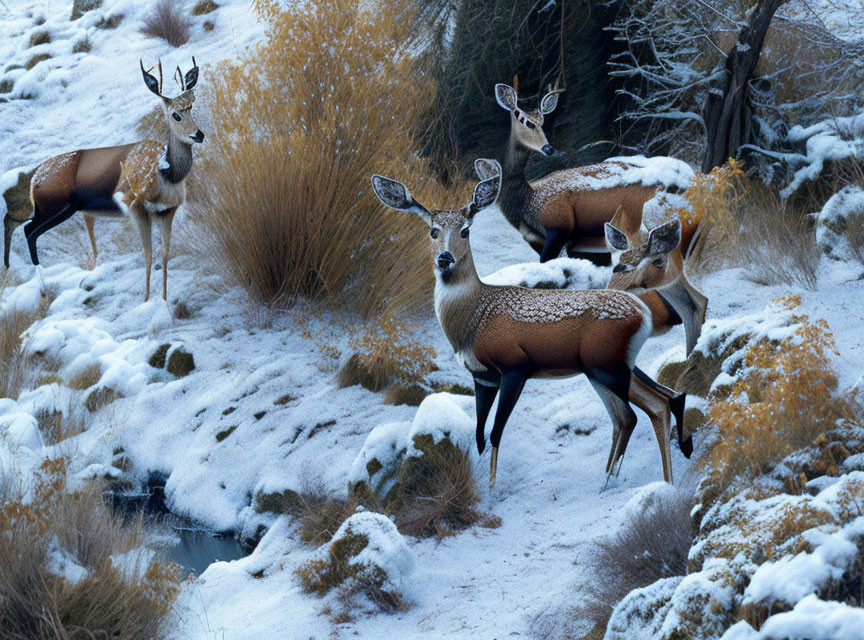 Deer with White Spots in Snowy Landscape with Stream