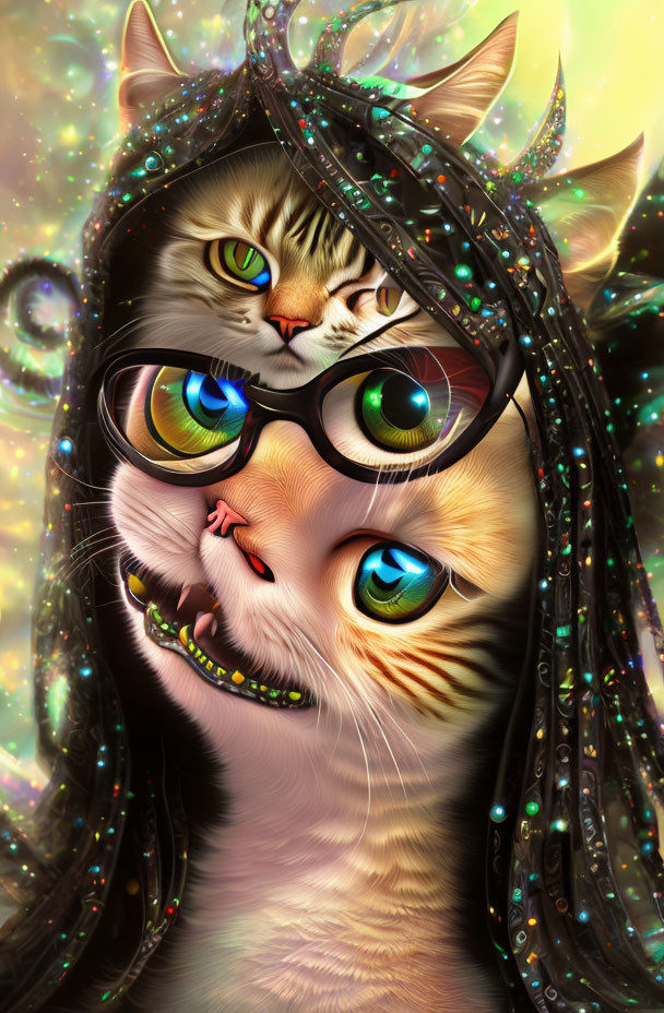 Whimsical image of two cats merged with multi-colored eyes and glasses