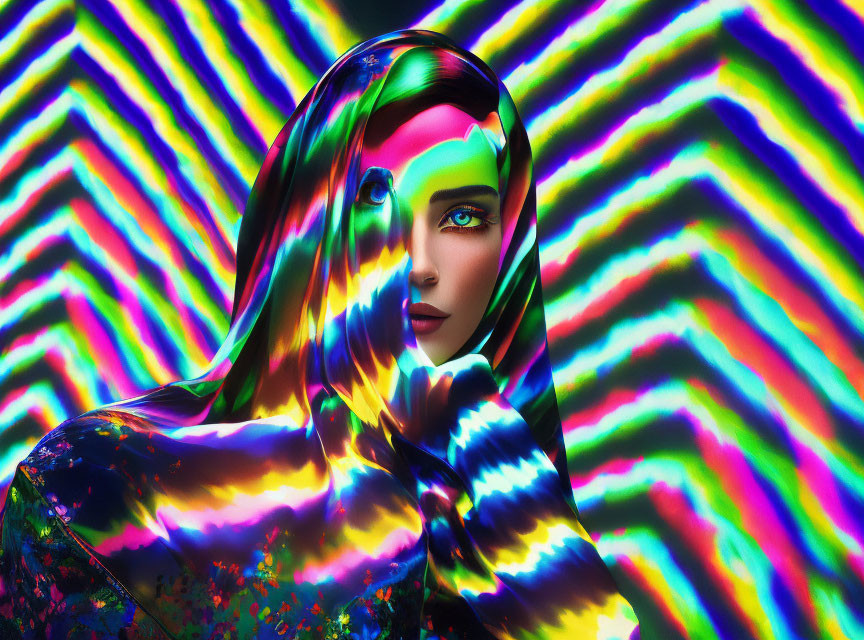 Captivating-eyed woman in holographic fabric on neon zigzag background