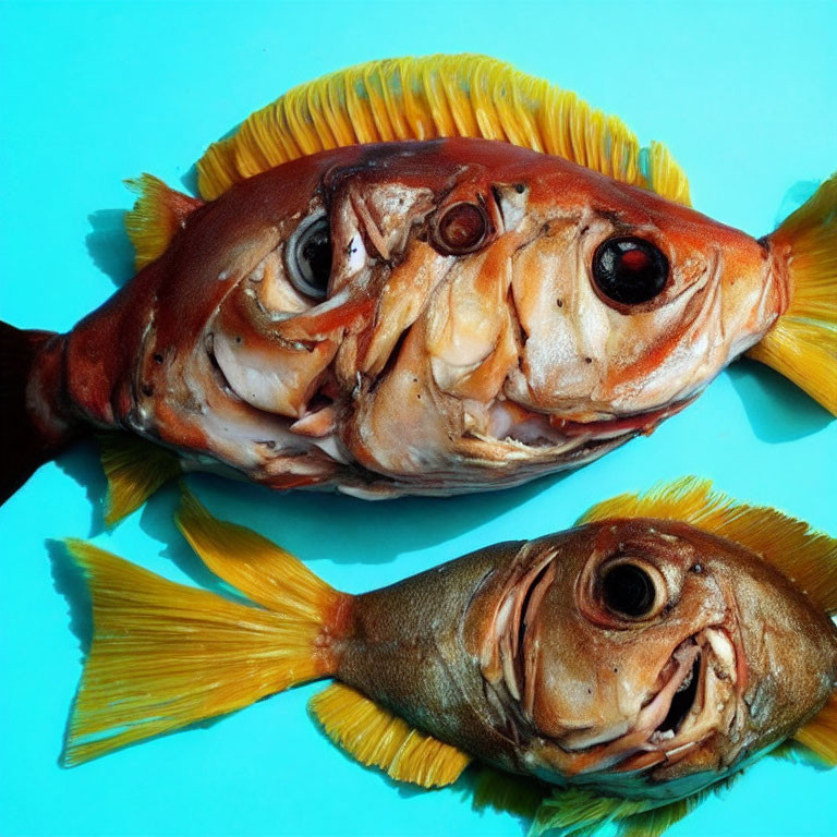 Two reddish-brown fish with yellow fins on turquoise surface